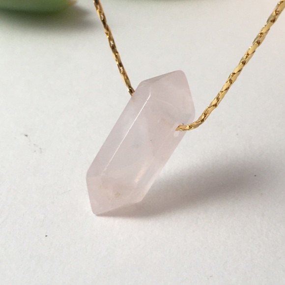 Rose Quartz Double Pointed Pendant 16” Gold Chain - Picture 3 of 8